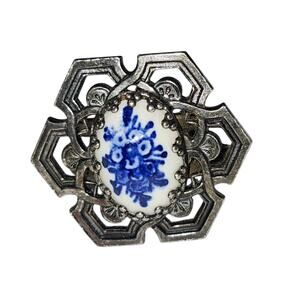 Vtg Dutch SASA Delft Blue White Framed Flower Open Adjustable Ring